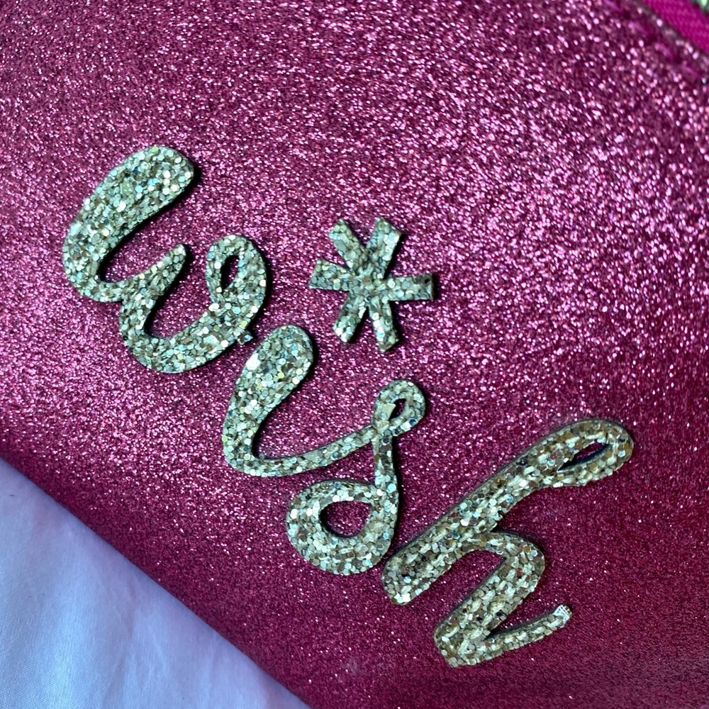 “WISH” hot pink sparkly makeup bag
